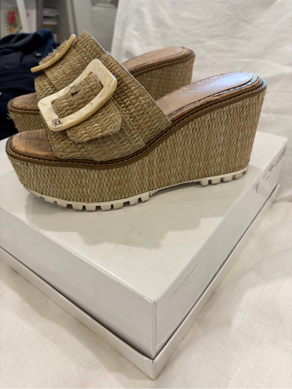 Sam Edelman Raffia Buckle Platform Wedge in Natural